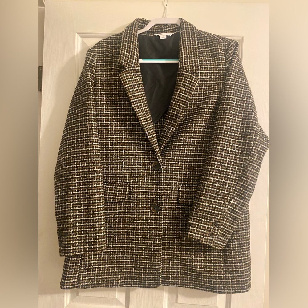 Old Navy Women's Black and Brown Wool Blend Plaid Jacket Size Large